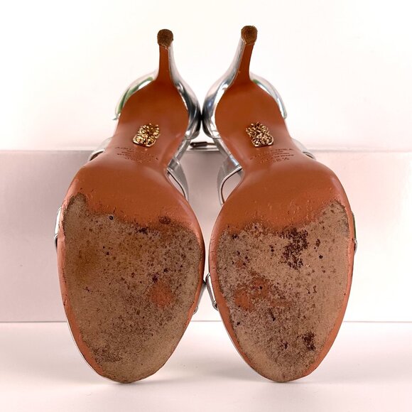 AQUAZZURA Linda 105 Silver Leather Ankle Tie High-Heel Sandals - Size 38.5 - Picture 7 of 12